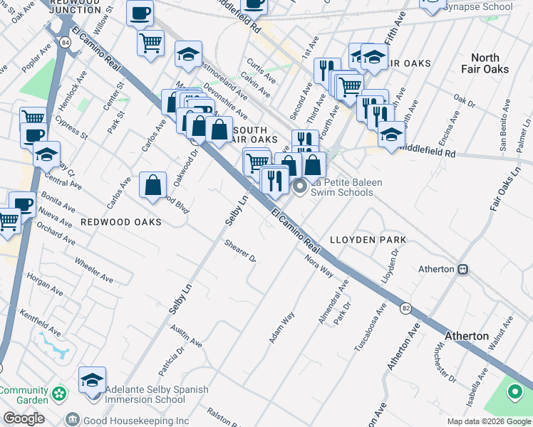 map of restaurants, bars, coffee shops, grocery stores, and more near 73 Gresham Lane in Atherton