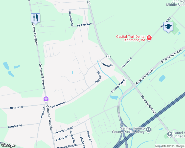 map of restaurants, bars, coffee shops, grocery stores, and more near 1600 Tree Ridge Court in Henrico
