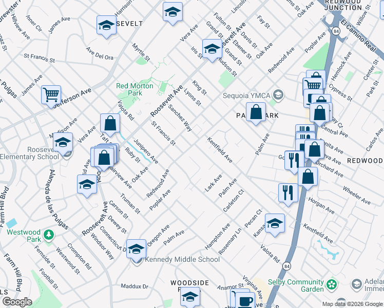 map of restaurants, bars, coffee shops, grocery stores, and more near 1317 Saint Francis Street in Redwood City