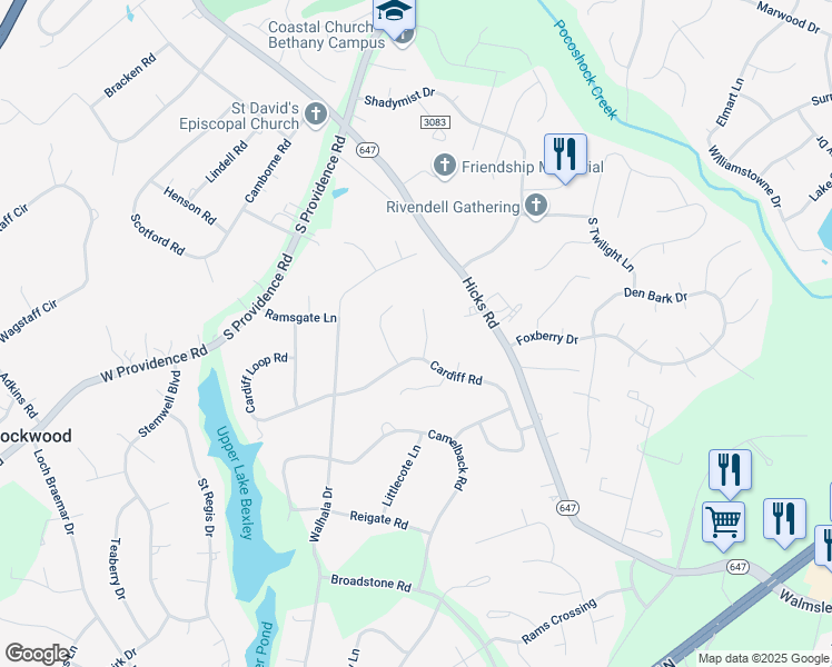 map of restaurants, bars, coffee shops, grocery stores, and more near 2220 Cardiff Court in Richmond