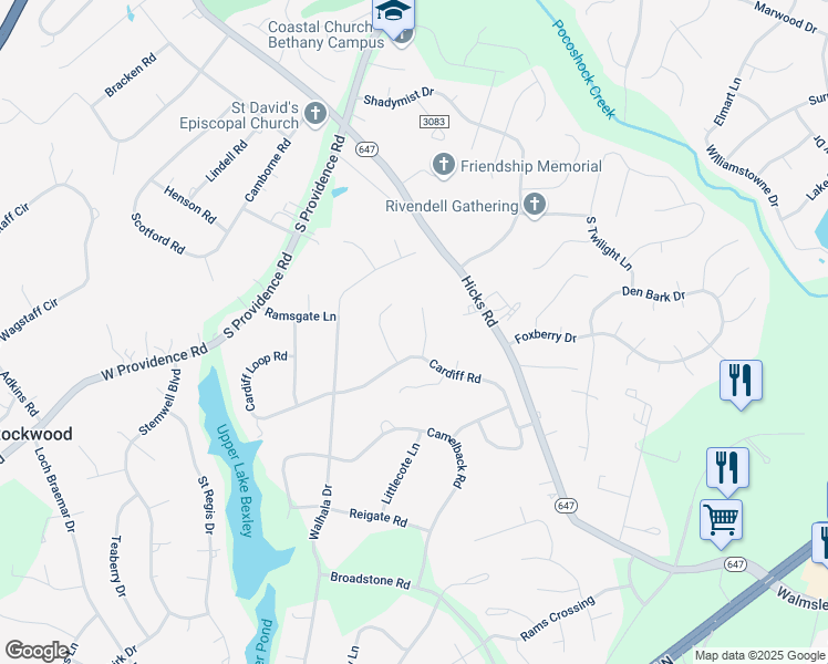 map of restaurants, bars, coffee shops, grocery stores, and more near 2220 Cardiff Court in Richmond
