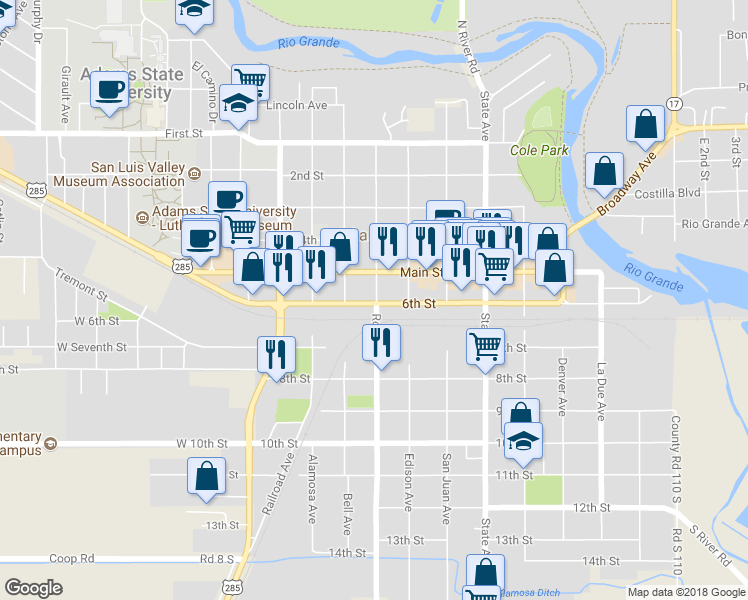 map of restaurants, bars, coffee shops, grocery stores, and more near 523 1/2 Ross Avenue in Alamosa