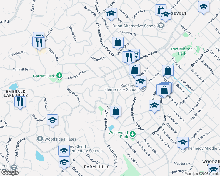 map of restaurants, bars, coffee shops, grocery stores, and more near 604 Crompton Road in Redwood City