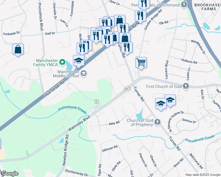 map of restaurants, bars, coffee shops, grocery stores, and more near 7020 Walmsley Boulevard in Richmond