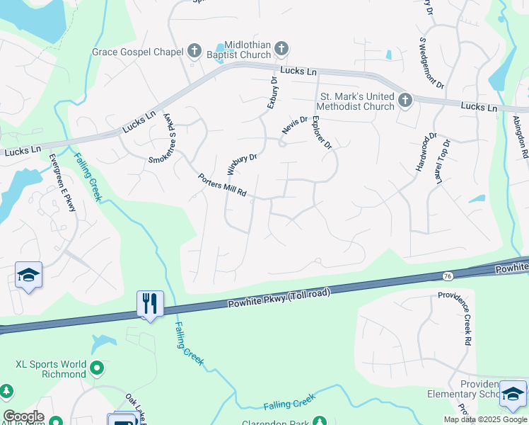 map of restaurants, bars, coffee shops, grocery stores, and more near 1612 Westbury Ridge Drive in Midlothian