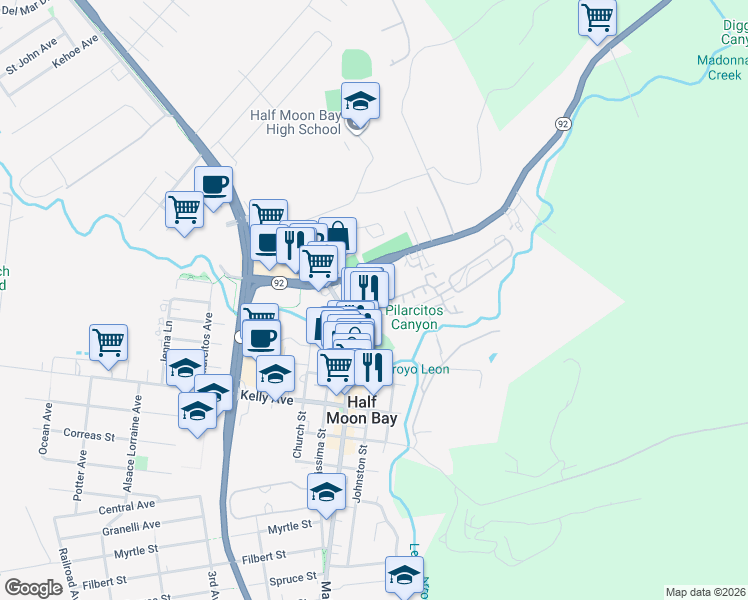 map of restaurants, bars, coffee shops, grocery stores, and more near 10 Patrick Way in Half Moon Bay
