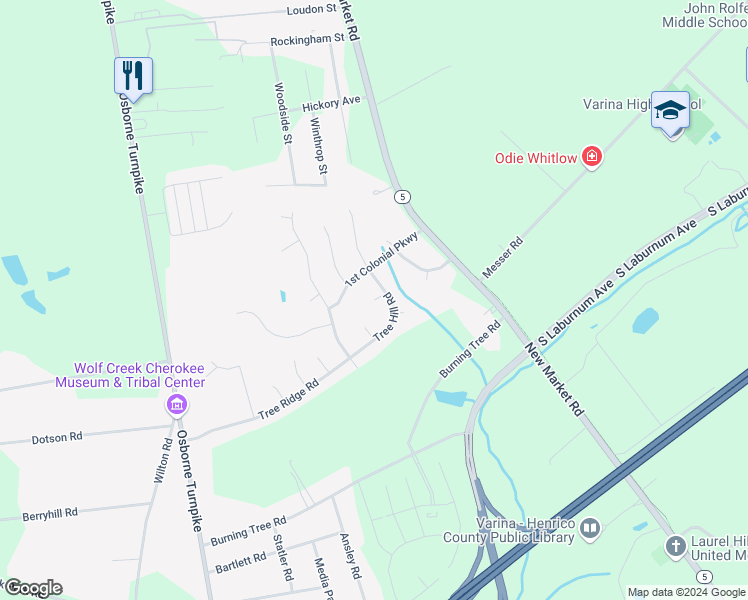 map of restaurants, bars, coffee shops, grocery stores, and more near 1600 Tree Ridge Court in Henrico