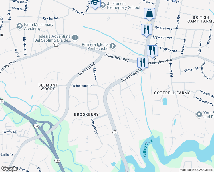 map of restaurants, bars, coffee shops, grocery stores, and more near 3620 Iron Bridge Road in Richmond