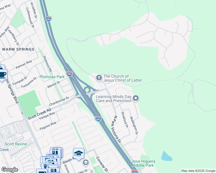 map of restaurants, bars, coffee shops, grocery stores, and more near 48930 Green Valley Road in Fremont
