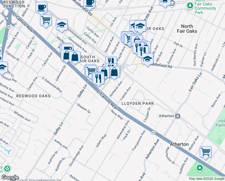 map of restaurants, bars, coffee shops, grocery stores, and more near 3275 El Camino Real in Atherton