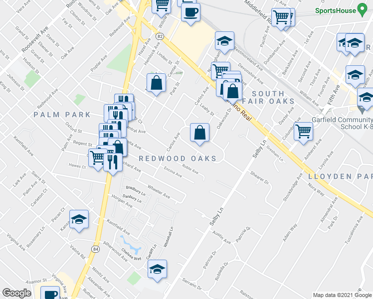 map of restaurants, bars, coffee shops, grocery stores, and more near 263 Roble Avenue in Redwood City