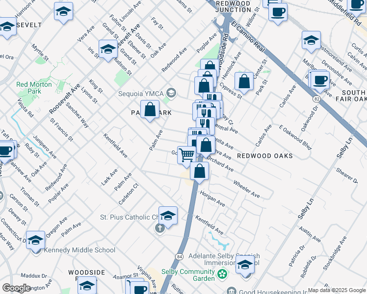 map of restaurants, bars, coffee shops, grocery stores, and more near 1591 Gordon Street in Redwood City