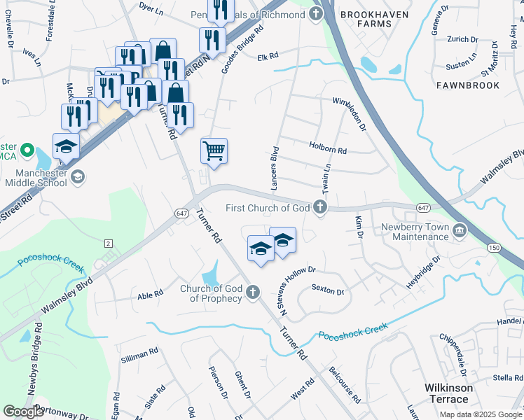 map of restaurants, bars, coffee shops, grocery stores, and more near 3005 Lancers Boulevard in Richmond