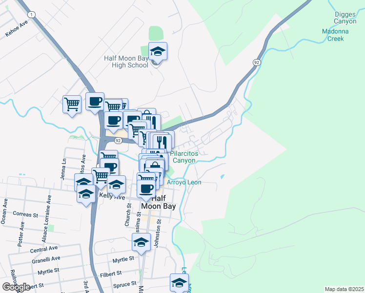 map of restaurants, bars, coffee shops, grocery stores, and more near 43 Patrick Way in Half Moon Bay