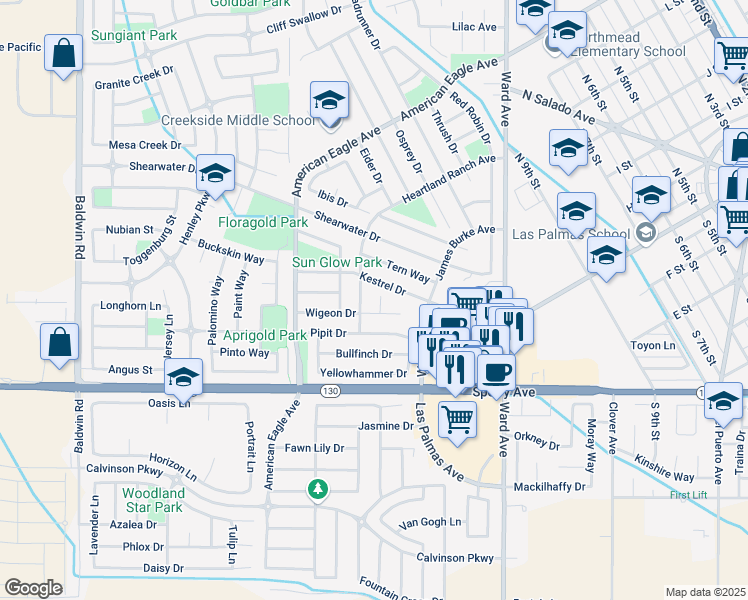 map of restaurants, bars, coffee shops, grocery stores, and more near 127 Plover Court in Patterson