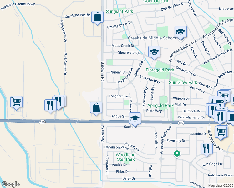 map of restaurants, bars, coffee shops, grocery stores, and more near 1431 Longhorn Lane in Patterson