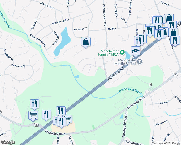 map of restaurants, bars, coffee shops, grocery stores, and more near 2625 Jacob Way Court in Richmond