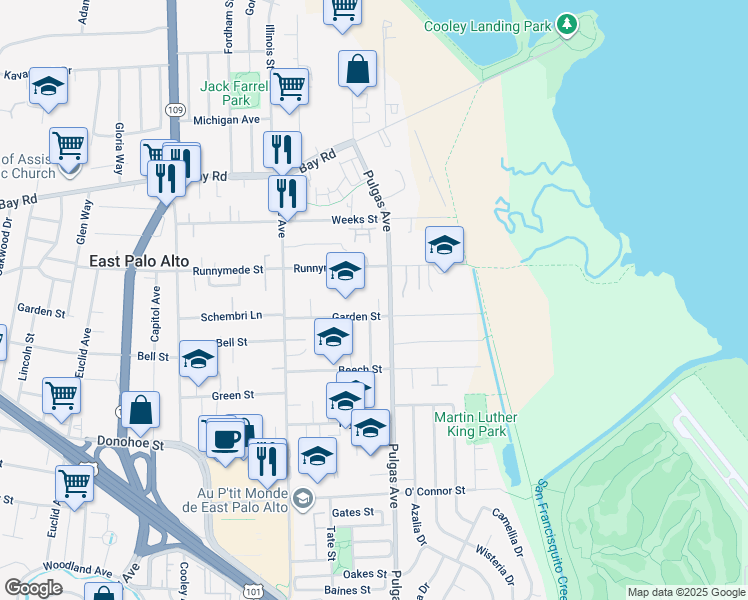 map of restaurants, bars, coffee shops, grocery stores, and more near 1045 Garden Street in East Palo Alto
