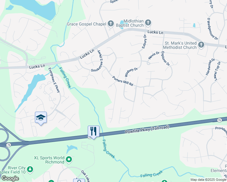 map of restaurants, bars, coffee shops, grocery stores, and more near 1626 Porters Mill Lane in Midlothian