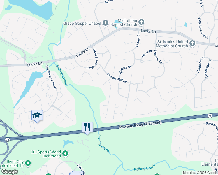 map of restaurants, bars, coffee shops, grocery stores, and more near 1626 Porters Mill Lane in Midlothian