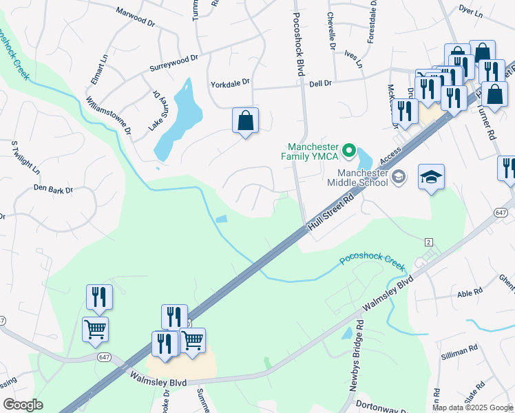 map of restaurants, bars, coffee shops, grocery stores, and more near 2625 Jacob Way Court in Richmond
