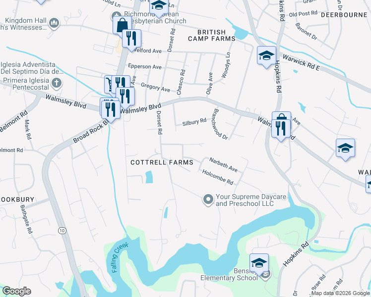 map of restaurants, bars, coffee shops, grocery stores, and more near 4324 Amberly Road in Richmond