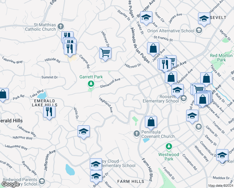 map of restaurants, bars, coffee shops, grocery stores, and more near 3563 Highland Avenue in Redwood City