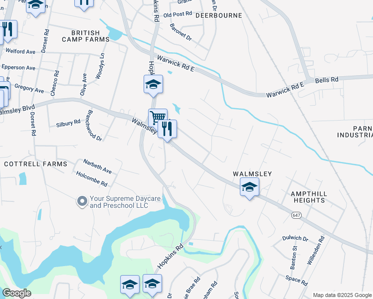 map of restaurants, bars, coffee shops, grocery stores, and more near 3730 Walmsley Blvd in Richmond