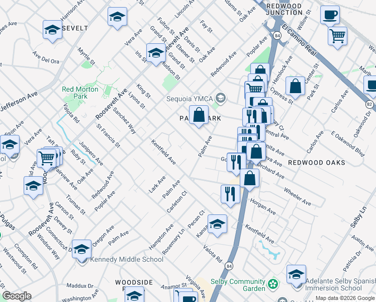 map of restaurants, bars, coffee shops, grocery stores, and more near 1442 Gordon Street in Redwood City