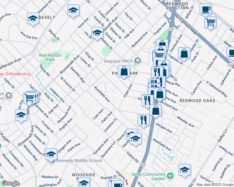 map of restaurants, bars, coffee shops, grocery stores, and more near 1120 Palm Avenue in Redwood City