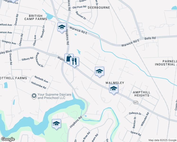 map of restaurants, bars, coffee shops, grocery stores, and more near 3711 Rusk Avenue in Richmond
