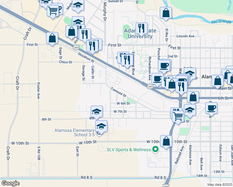 map of restaurants, bars, coffee shops, grocery stores, and more near 516 Washington Avenue in Alamosa