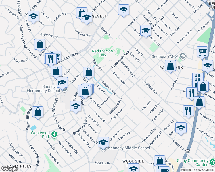 map of restaurants, bars, coffee shops, grocery stores, and more near 1181 Ruby Street in Redwood City