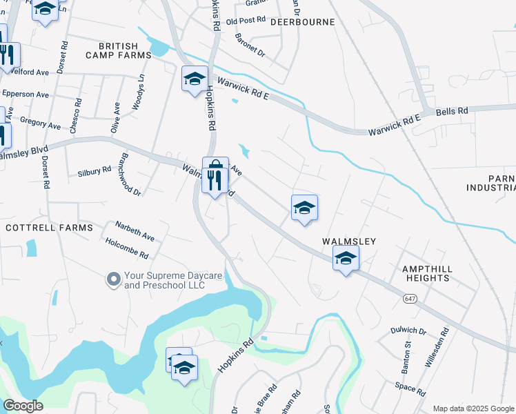 map of restaurants, bars, coffee shops, grocery stores, and more near 3730 Walmsley Blvd in Richmond