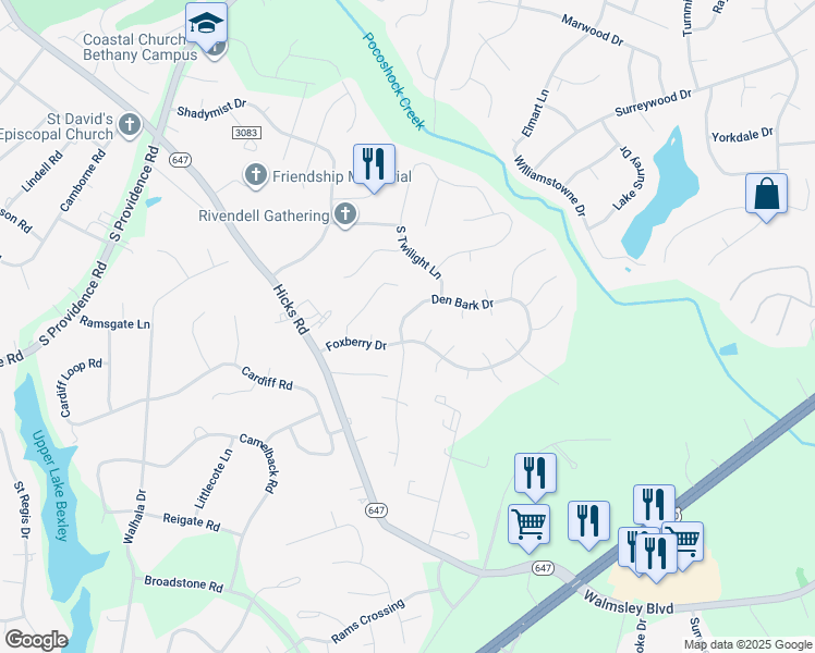 map of restaurants, bars, coffee shops, grocery stores, and more near 8445 Den Bark Drive in Richmond