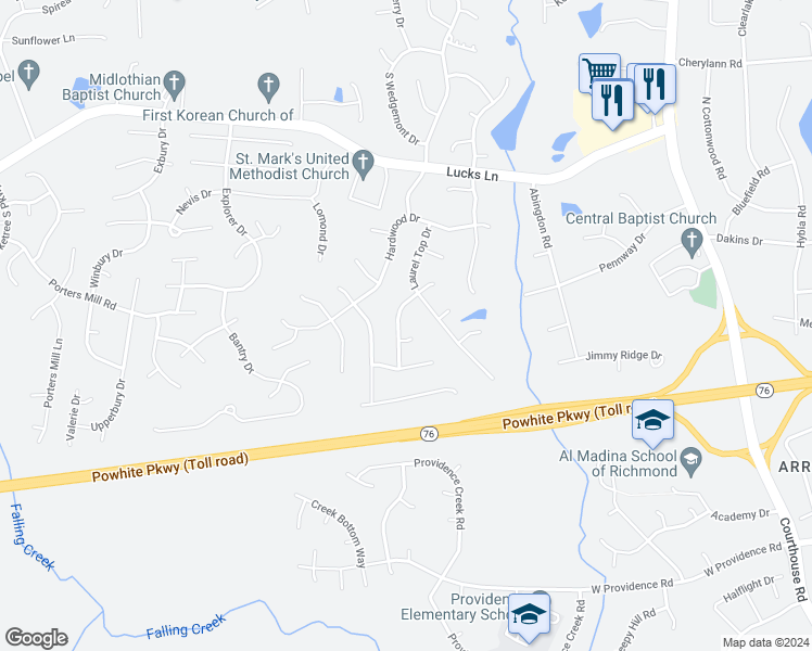 map of restaurants, bars, coffee shops, grocery stores, and more near 1601 Wilson Wood Road in Midlothian