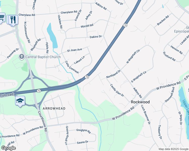 map of restaurants, bars, coffee shops, grocery stores, and more near 10202 Stonecrest Road in Rockwood
