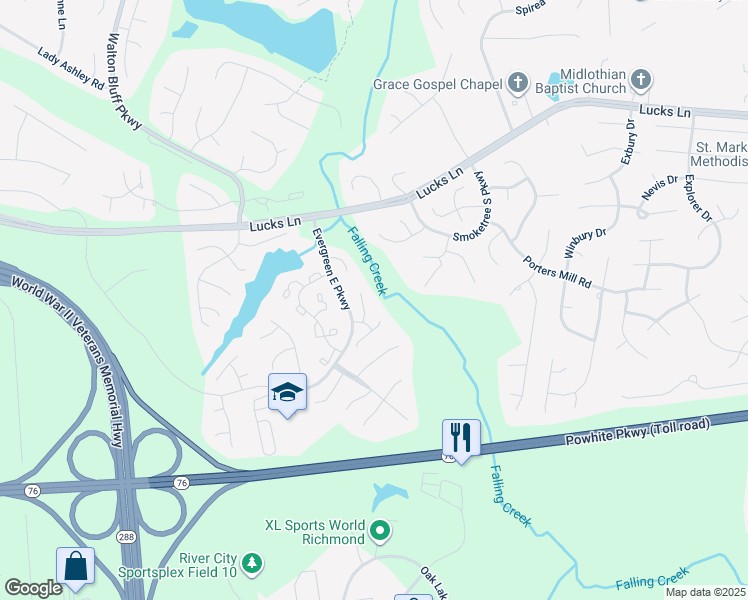 map of restaurants, bars, coffee shops, grocery stores, and more near 1608 Kirkgate Lane in Midlothian