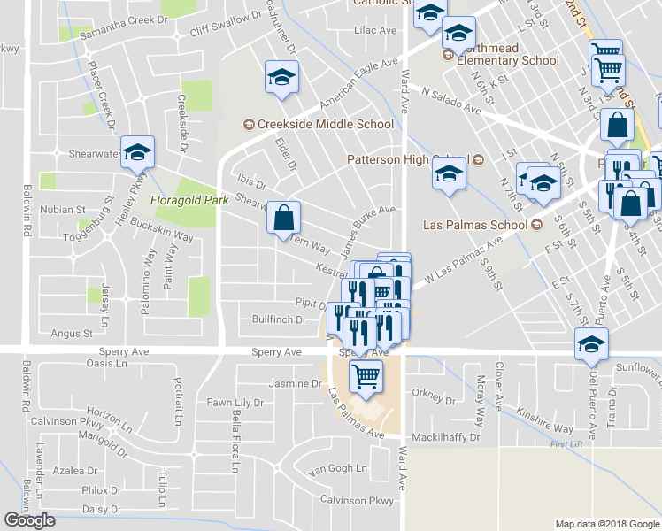 map of restaurants, bars, coffee shops, grocery stores, and more near 1107 Kestrel Drive in Patterson