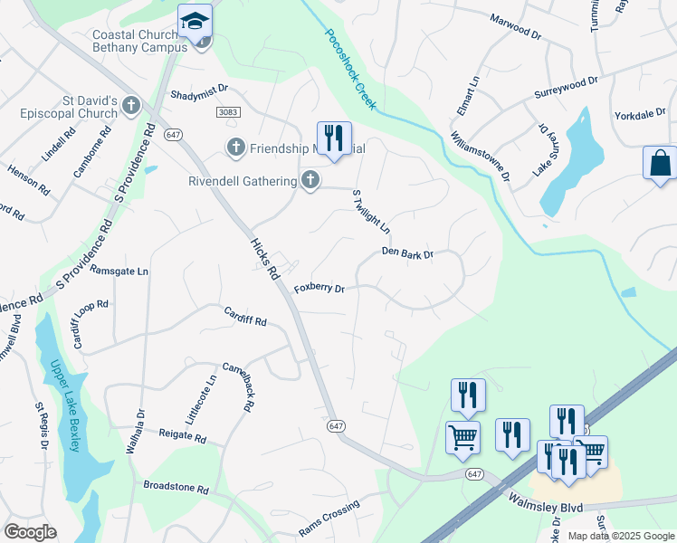map of restaurants, bars, coffee shops, grocery stores, and more near 2501 Foxberry Court in Richmond