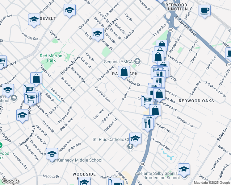 map of restaurants, bars, coffee shops, grocery stores, and more near 1439 Kentfield Avenue in Redwood City