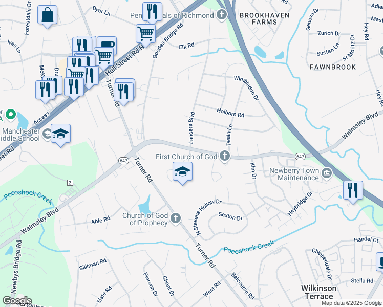 map of restaurants, bars, coffee shops, grocery stores, and more near 3005 Lancers Boulevard in Richmond