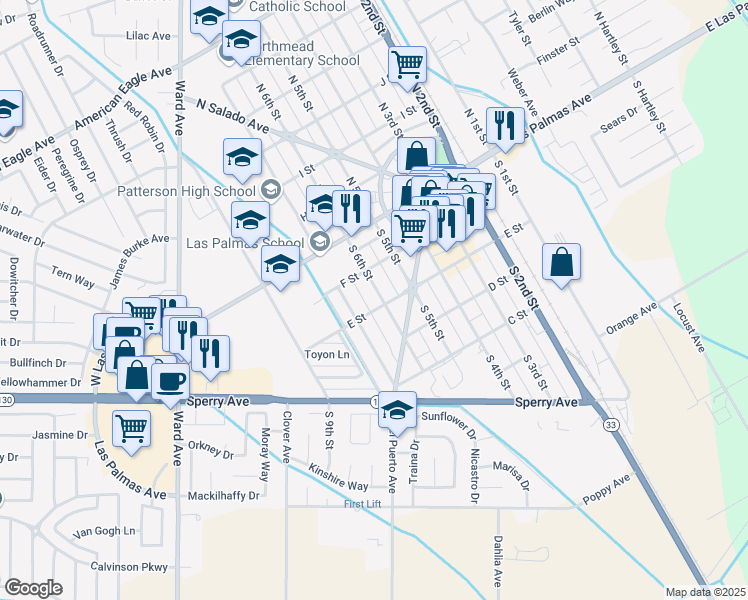 map of restaurants, bars, coffee shops, grocery stores, and more near 125 South 6th Street in Patterson