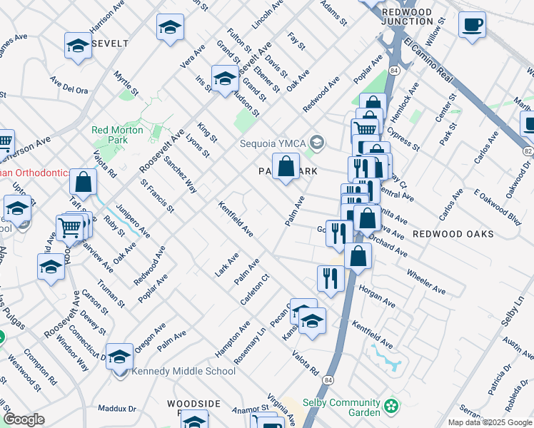 map of restaurants, bars, coffee shops, grocery stores, and more near 1440 Gordon Street in Redwood City