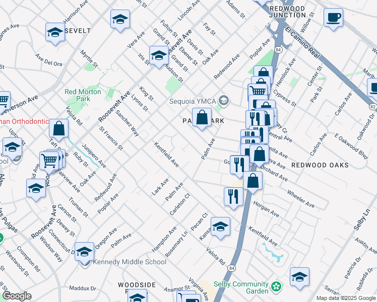 map of restaurants, bars, coffee shops, grocery stores, and more near 1440 Gordon Street in Redwood City