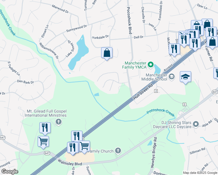 map of restaurants, bars, coffee shops, grocery stores, and more near 2624 Jacob Way Court in Richmond
