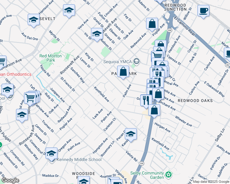 map of restaurants, bars, coffee shops, grocery stores, and more near 1443 Kentfield Avenue in Redwood City