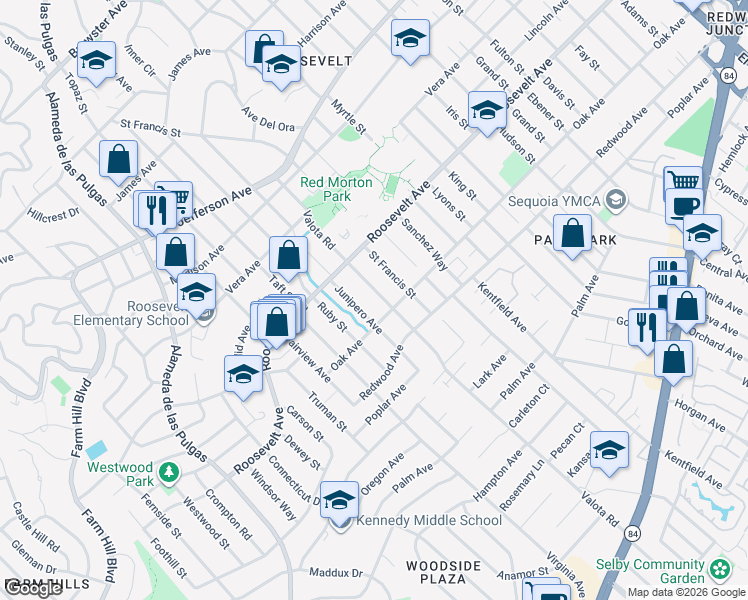 map of restaurants, bars, coffee shops, grocery stores, and more near 1176 Valota Road in Redwood City