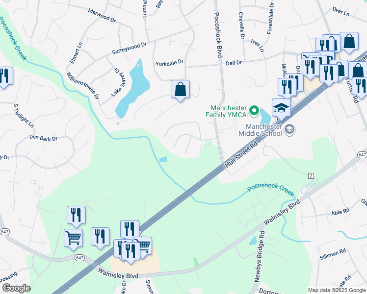 map of restaurants, bars, coffee shops, grocery stores, and more near 2624 Jacob Way Court in Richmond
