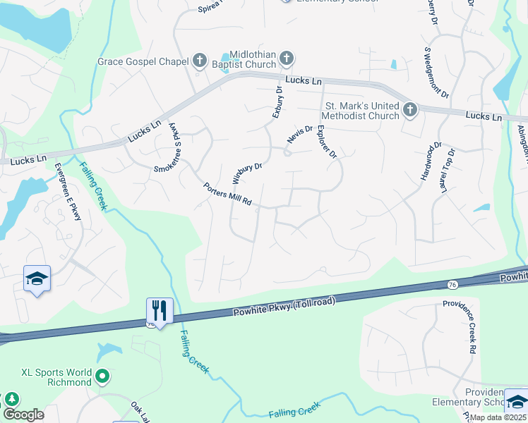 map of restaurants, bars, coffee shops, grocery stores, and more near 1509 Upperbury Terrace in Midlothian